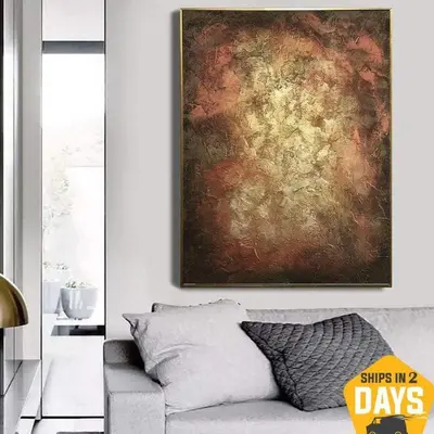 Oversized Wall Art Gold Painting Frame Wall Art Bronze Brown Canvas Original Artwork | GATEWAY 35"x27"