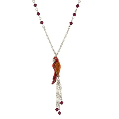 Silver Tone Orange & Red Enamel Parrot with Red Beads Necklace 16\