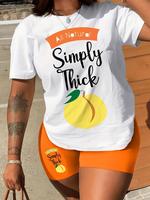 Women's Short Sleeve Graphic Tee & Skinny Shorts Matching Sets, Fruit Letter Print Round Neck T-shirt & Shorts Two Piece Set,...