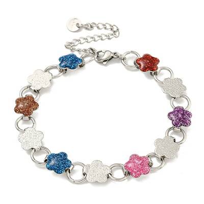304 Stainless Steel Enamel Flower Link Chain Bracelets with Glitter Powder