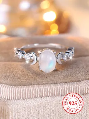 925 Sterling Silver Elegant Moon & Faux Crystal Decorated Ring, Fashion Jewelry Accessories for Women & Girls, for Party, Dai...