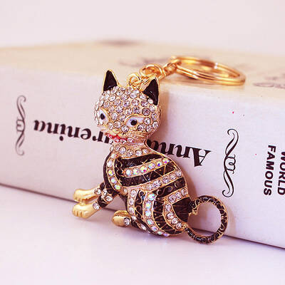 Fashion Rhinestones Enamel Sitting Cat Pendant Keychain