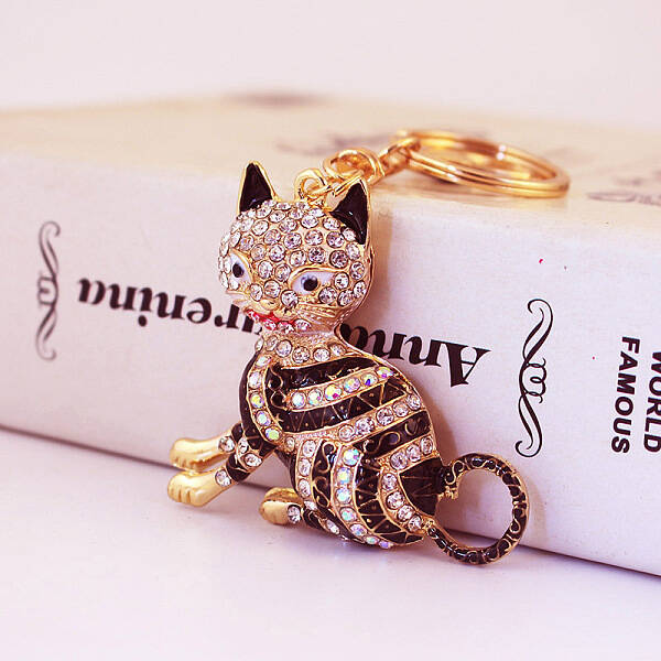 Fashion Rhinestones Enamel Sitting Cat Pendant Keychain