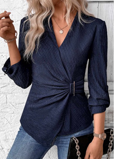 Modlily Navy Surplice Long Sleeve V Neck Shirt - XXL