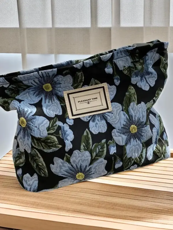Cute Flower Pattern Makeup Bag with Zipper Design, Portable Large Capacity Cosmetic Storage Travel Handbag, Zipper Makeup Org...