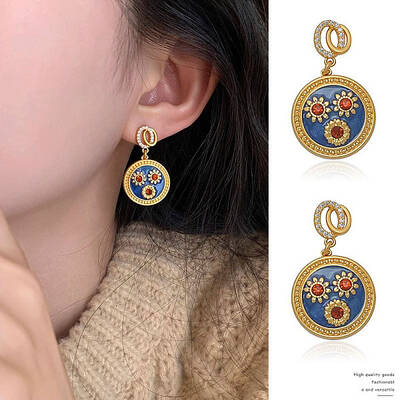 Flat Round with Flower Alloy Rhinestone Dangle Stud Earrings