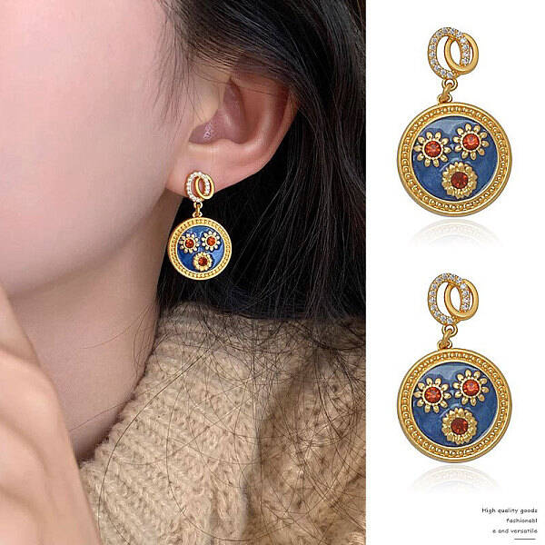 Flat Round with Flower Alloy Rhinestone Dangle Stud Earrings