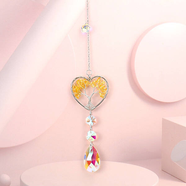 Wire Wrapped Natural Yellow Quartz Heart with Tree of Life Pendant Decorations