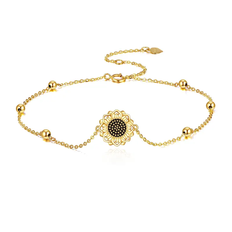 14K Gold Sunflower & Bead Charm Bracelet