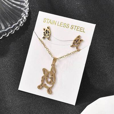 Hollow French Bulldog 201 Stainless Steel Pendant Necklaces & Stud Earrings Sets for Women