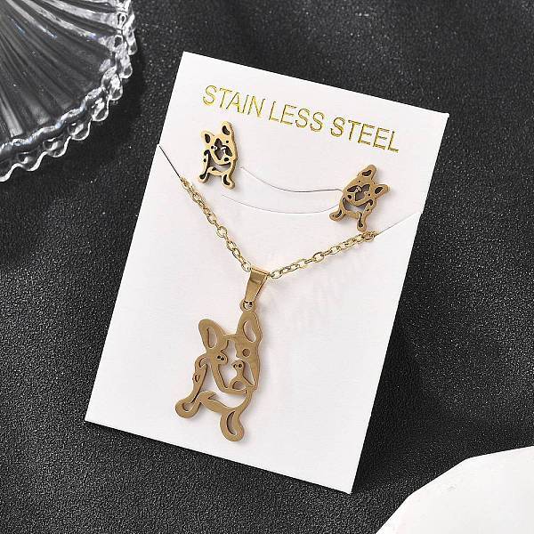 Hollow French Bulldog 201 Stainless Steel Pendant Necklaces & Stud Earrings Sets for Women
