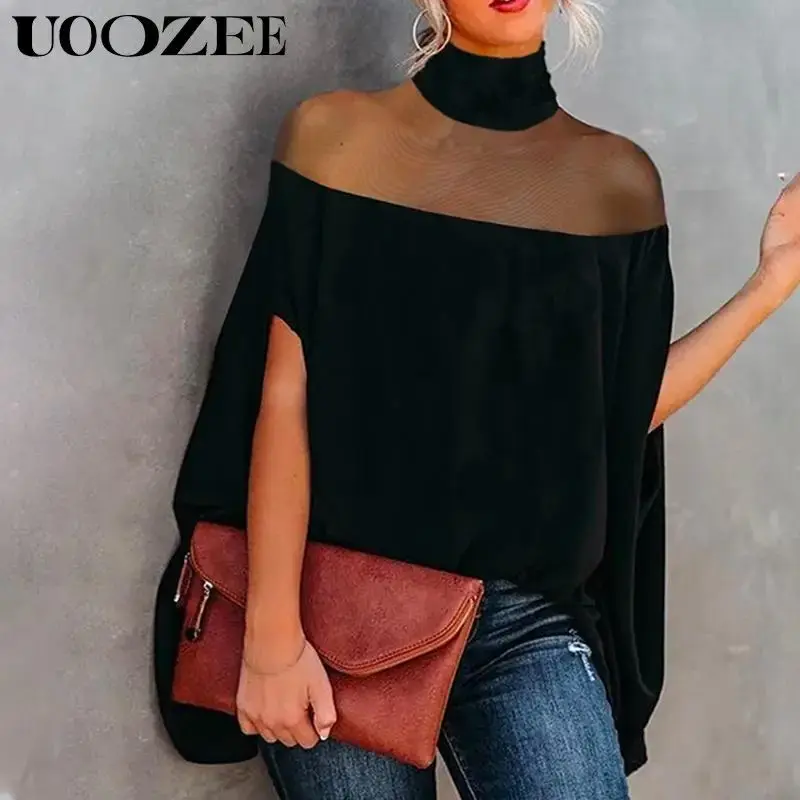 UOOZEE Women's Batwing Sleeve Sheer Turtleneck Shirt - Simple casual knit top, basic loose fit, Suitable for Various Occasion...