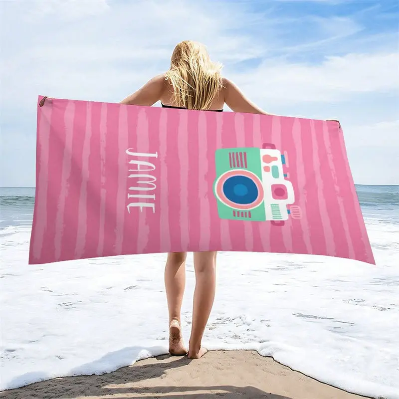 Cute Pink Camera Custom Name Beach Towel For Girls - Aperturee