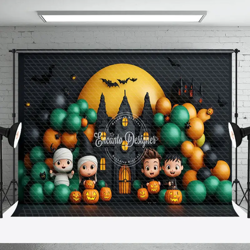 Aperturee Cute Ghost Balloons Castle Moon Halloween Backdrop - Aperturee