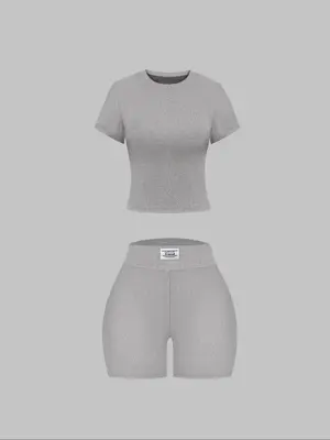 Women's Plain Ribbed Shorts Set, Casual Slim Fit Medium Stretch Short Sleeve Tee & Letter Patched Shorts Set, Summer Clothes ...