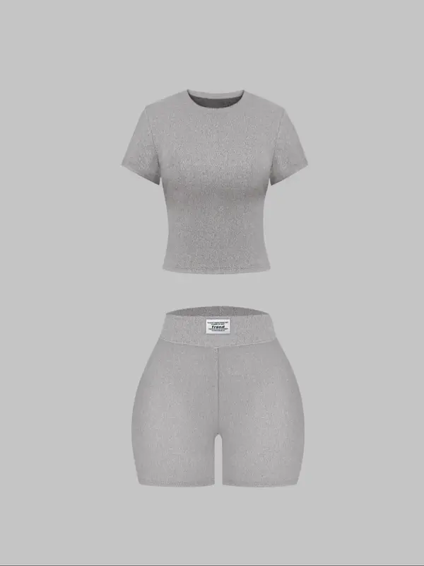 Women's Plain Ribbed Shorts Set, Casual Slim Fit Medium Stretch Short Sleeve Tee & Letter Patched Shorts Set, Summer Clothes ...