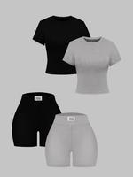 Women's Plain Ribbed Shorts Set, Casual Slim Fit Short Sleeve Tee & Letter Patched Shorts Set, Summer Clothes Women, Ladies ...