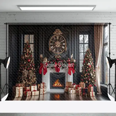 Cozy Fireplace Snowy Trees Christmas Wonderland Backdrop - Aperturee