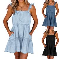Danedvi Womens Summer Denim Dress Square Neck Ruffle Trim Sleeveless Babydoll Dress Flowy Jean Dress with Pockets