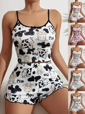 Women's 2pcs Cow Print Cami Top & Bow Front Shorts Pyjama Set, Summer Clothes Women, Cute Cartoon Graphic Lettuce Trim Camis...