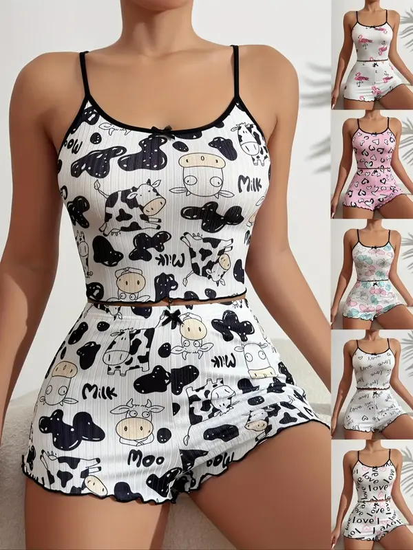 Women's 2pcs Cow Print Cami Top & Bow Front Shorts Pyjama Set, Summer Clothes Women, Cute Cartoon Graphic Lettuce Trim Camis...