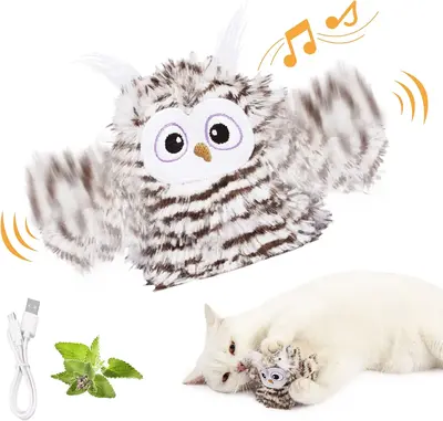 Interactive Cat Toy Rechargeable Automatic Chirping Owl Cat Toy , Auto Beating Wings Flying Bird Cat Toys for Indoor Cats to ...