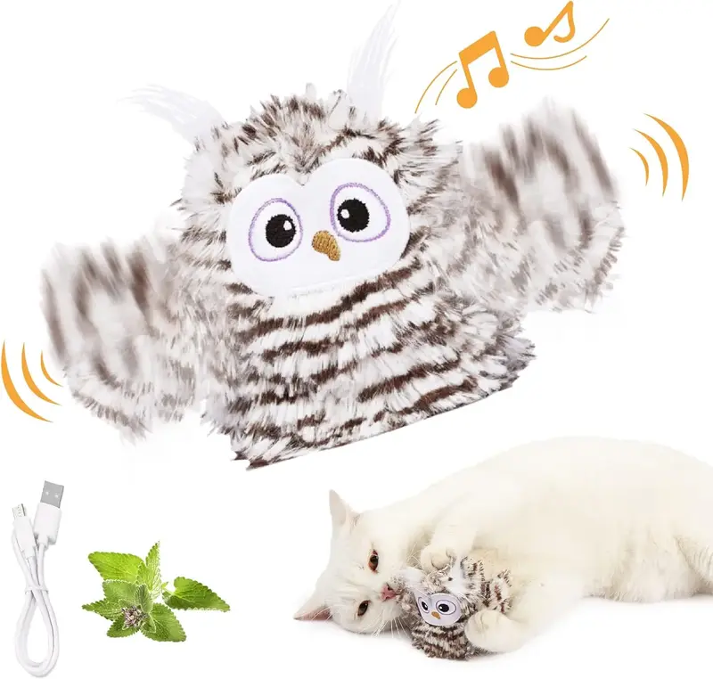 Interactive Cat Toy Rechargeable Automatic Chirping Owl Cat Toy , Auto Beating Wings Flying Bird Cat Toys for Indoor Cats to ...