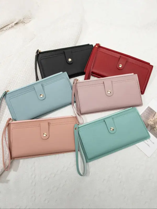 Women's Solid Color Zipper Long Wallet, Fashionable PU Leather Coin Purse, Multi-functional Card Holder for Daily Use