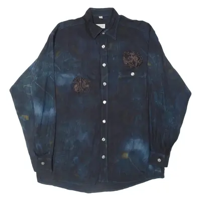 HAPPY LIFE Mens Shirt Blue Viscose Crazy Pattern Long Sleeve L