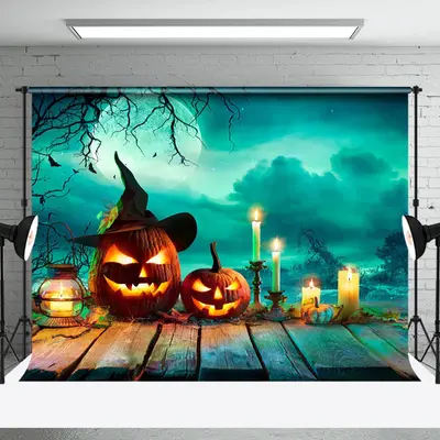 Aperturee Green Mystic Moonlit Witch Pumpkin Halloween Backdrop - Aperturee