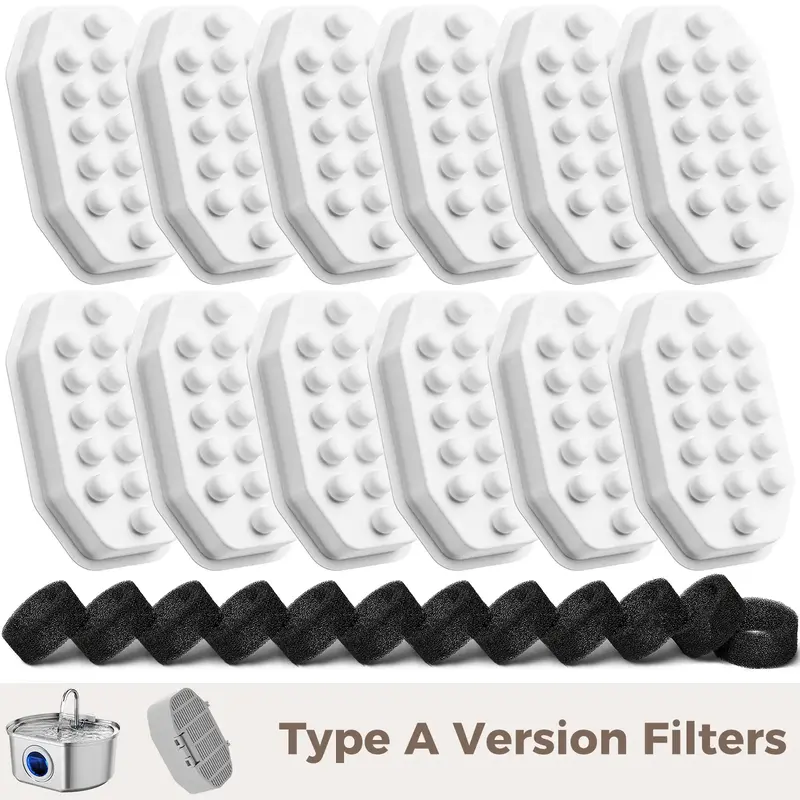 Neareal 12 Pack Version A Oval Cat Water Fountain Replacement Filters & Pre-Filter Sponges for 108oz/3.2L Stainless Steel Pet...