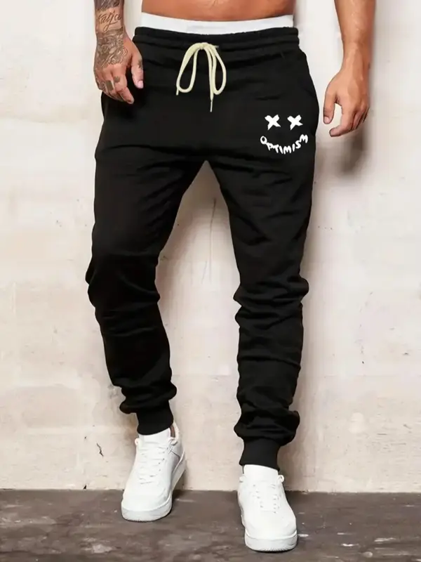 Men's Cartoon Face Print Drawstring Waist Sweatpants, Casual Streetwear Pocket Jogger Pants, Men's Trouser Bottoms for Summe...