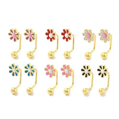 12 Pairs 6 Color 304 Stainless Steel Emanel Flower Curved Barbell Stud Earrings