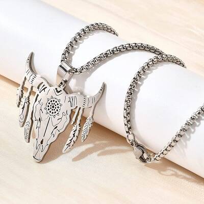 Punk Style 304 Stainless Steel Laser Cut Cattle Head Pendant Box Chain Necklaces for Women Men