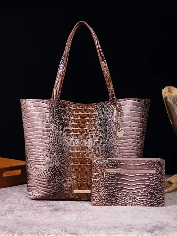 Fashion Crocodile Embossed Tote Bag & Square Bag, Large Capacity Shoulder Bag & Clutch Purse for Women, Casual Versatile High...