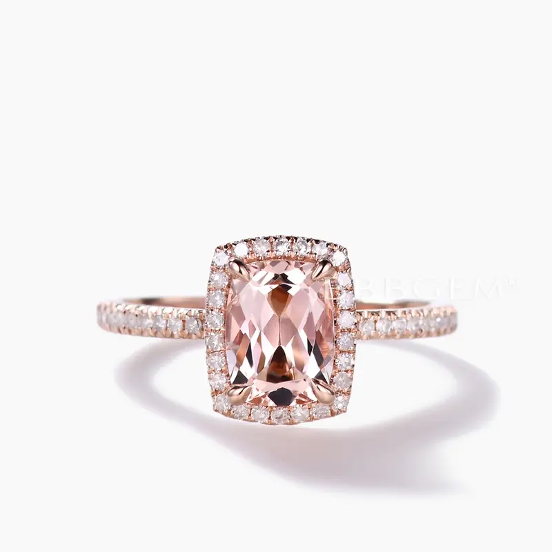 Cushion Halo 5x7mm Morganite and Diamond Bridal Ring Petite Thin Design