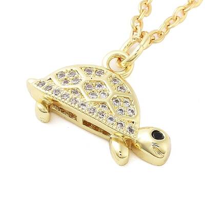 Brass Micro Pave Clear Cubic Zirconia Cable Chain Tortoise Pendant Necklaces for Women