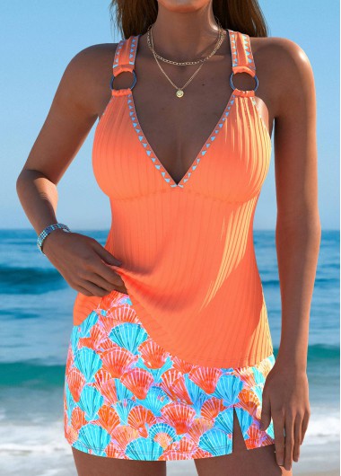 Modlily Mid Waisted Marine Life Print Orange Tankini Set - XL
