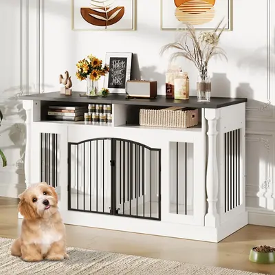 Garvee Roman Column 63 Inch Large Dog Crate Furniture for 2 Dogs with Open Storage, Heavy Duty Dog Kennel Entertainment Table...