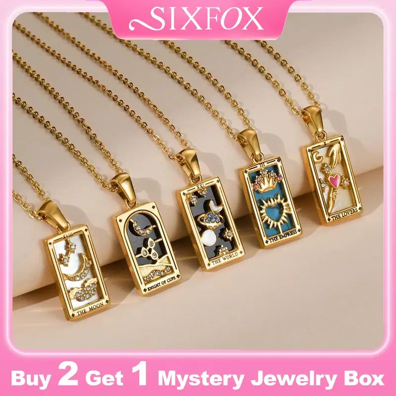 SIXFOX Dainty Tarot Series Necklace Spiritual Healing Jewelry Square Titanium Steel Hypoallergenic Colorful Enamel Pendant ne...