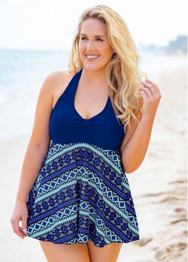 Modlily Plus Size Geometric Print Halter Swimdress and Shorts - 3X