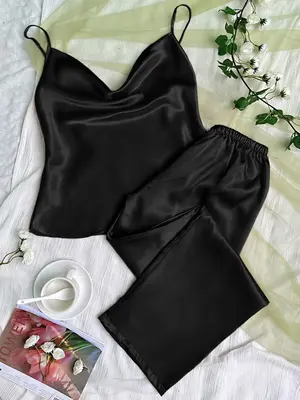 Two-Piece Set Women's Solid Cowl Neck Cami Top & Elastic Waist Pants Pajama Set, Basic Minimalist Casual Style Soft Sa...