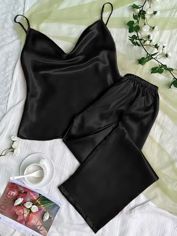 Two-Piece Set Women's Solid Cowl Neck Cami Top & Elastic Waist Pants Pajama Set, Basic Minimalist Casual Style Soft Sa...