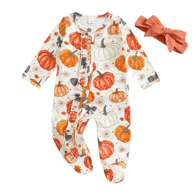 Baby Girl Halloween Outfit Long Sleeve Pumpkin Flower Print Jumpsuit with Headband Newborn Romper Fall Clothes
