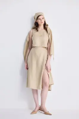 Overlap Midi Skirt in Neutral Beige | Color: Neutral Beige | Size: L