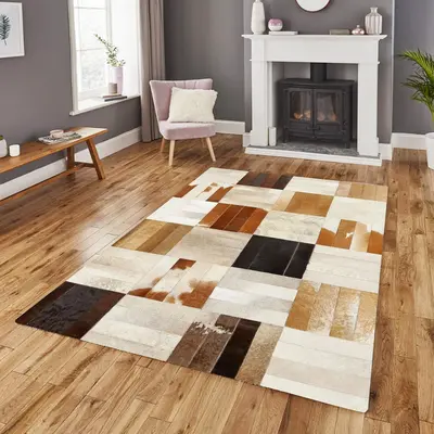 Genuine Cowhide Brown & Cream Patchwork Rug