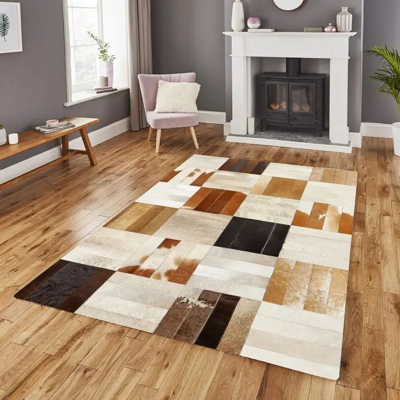 Genuine Cowhide Brown & Cream Patchwork Rug