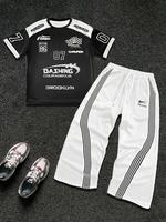 Two-piece Set Men's Short Sleeve Tee & Striped Print Pants, Regular Fit Casual Round Neck T-shirt & Pants, Men's Spring & Fal...