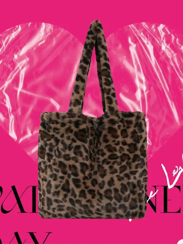 2025 Summer Plush Heart Pattern Soft Fluffy Everyday Tote Bag, Y2k Casual Colorblock Magnetic Snap Large Capacity Shoulder Ba...