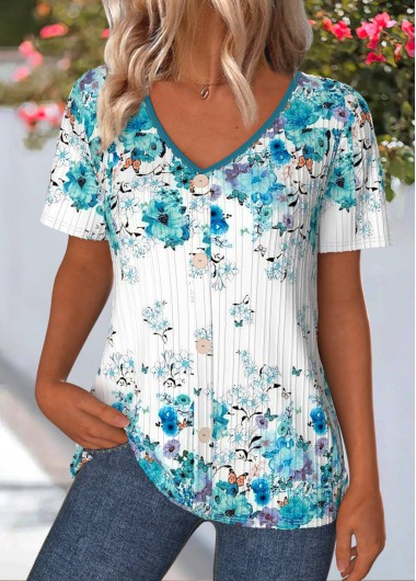 Modlily Cyan Floral Print Short Sleeve V Neck T Shirt - M